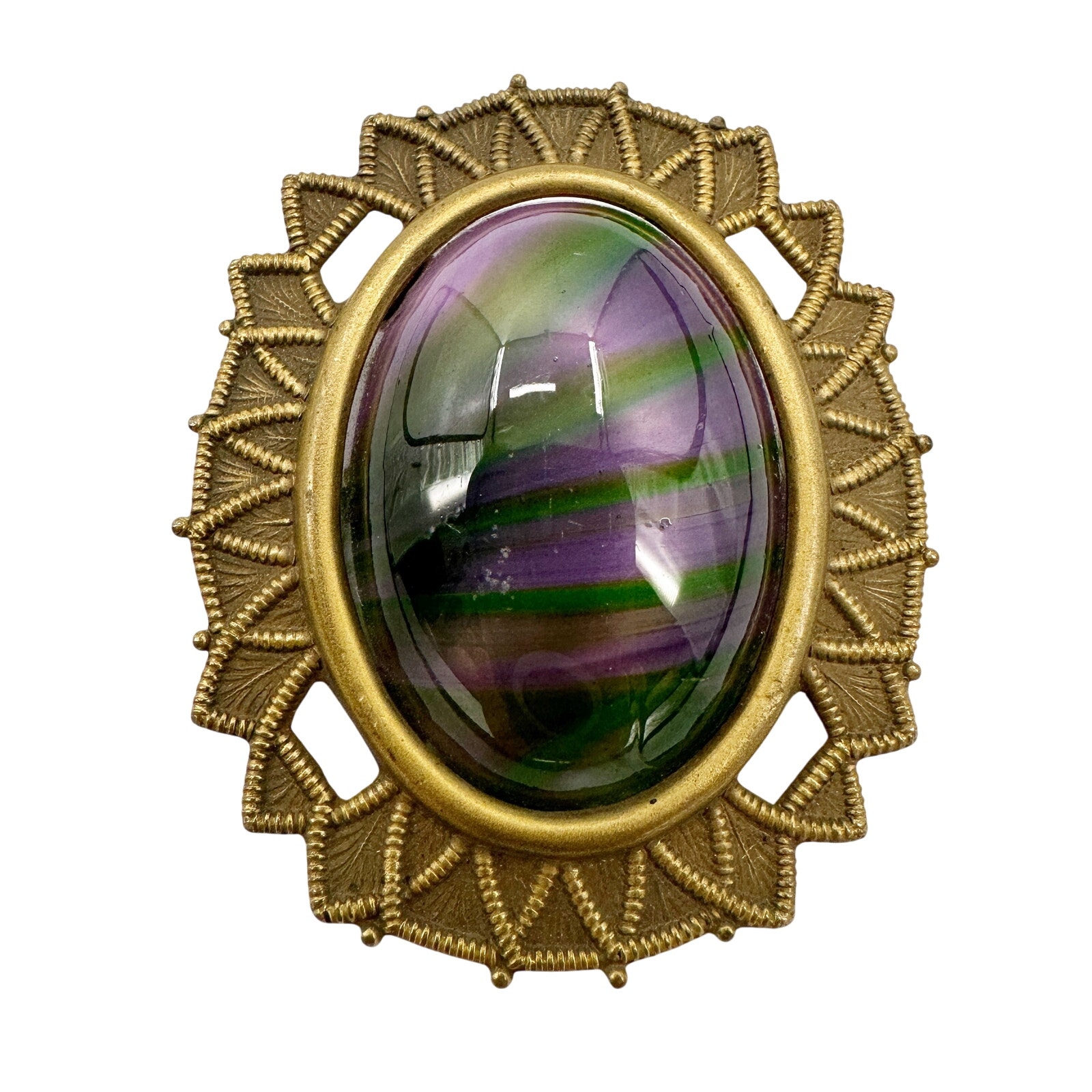 Vintage Antique Gold Tone Metal Purple Green Oval Stone Brooch Jewelry Pin 20$